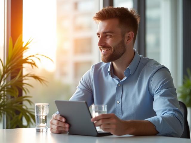 A professional at a desk feeling energized and healthy